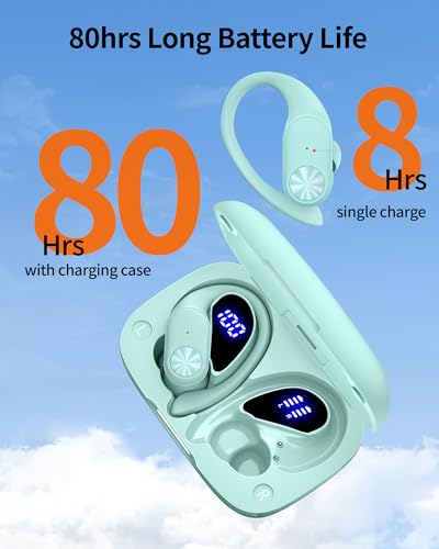 PocBuds Bluetooth Headphones Wireless Earbuds 80hrs Playtime Wireless Charging Case Digital Display Sport Ear buds with Earhook Deep Bass IPX7 Waterproof Over-Ear Earphones for Phone Laptop Mint Green - 3