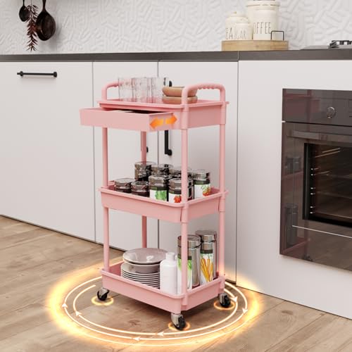 Image of REBECAT 3 Tier Rolling Utility Cart with Drawer,Storage Cart,Rolling Cart for Kitchen,Bathroom,Living Room,Storage Organizer with Iron Wheels(Pink