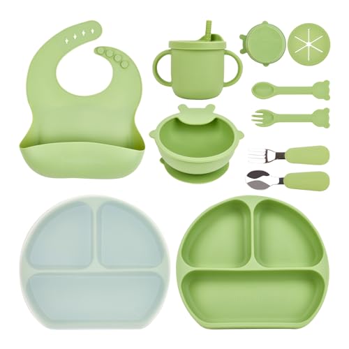 Image of BABYKIDSMAMA Baby Led Weaning Supplies – 10-Pcs Silicone Baby Feeding Set – Self-Feeding Supplies Set with Suction Bowl and Plate, Spoon, Fork, Sippy Cup, Bib – BPA-Free Toddler Plates and Bowls Set