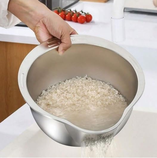 Image of Onrpix Multipurpose Stainless Steel Colander Basket for Washing Rice, Fruits, Vegetables, Grains, Strainer Drainer Bowl with Handle, The Kitchen Bowl (27CM)