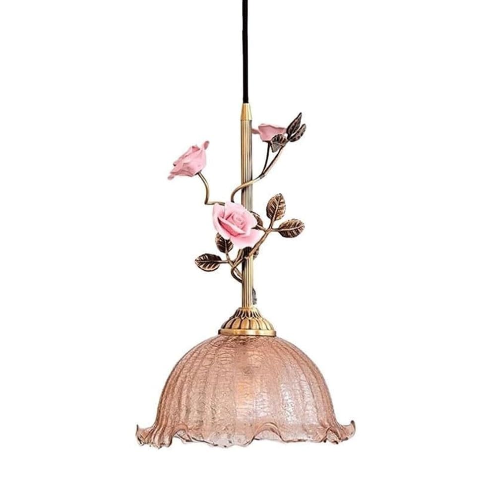 Lampada a Sospensifloreale Vintage con Rose in Ceramica Rosa, Paralume in Vetro Craquelé, Ottone, Stile Country Francese Shabby Chic,Da da Soffitto con Attacco E26 per Comodino, Sala da Pranzo, Bar