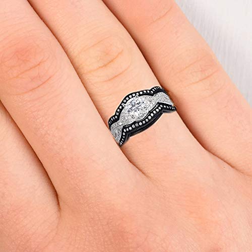 Natural 925 Sterling Silver Wedding Brides Engagement 3 pc set Black White Diamonique AAA CZ Adult LadiesWomens Rings 3.60 ct size 4-11.52