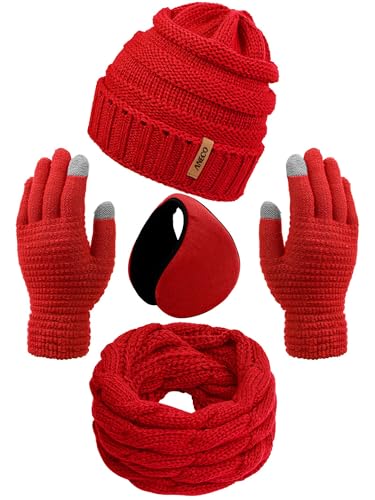 Guantes de pantalla táctil y conjunto invernal con gorro bufanda tejida para frío extremo rojo