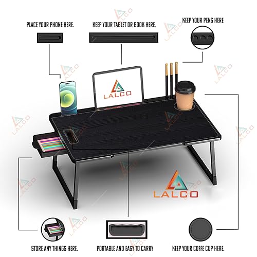Laptop Table Premium Foldable Wooden Mini Laptop Table for Bed, Study Table with Drawer, Tablet/Mobile Holder for Kids & Adults ~~ (U$-COTTED Black) 5 41BqfK3emJL