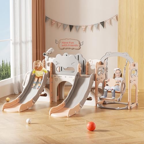 Lischwert Toddler Slide and Swing, Indoor Playground Set for Toddlers, Outdoor Playset Backyard with Basketball Hoop, Tunnel and Storage Space, 8-in-1 Kids Double Slide Age 1+(Pink) - Thumbnail 2
