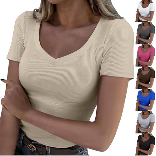 Women Ribbed Knit Shirts Short Sleeve V Neck Fitted Basic Tees Tops Summer Casual Going Out Slim Fit T-Shirts