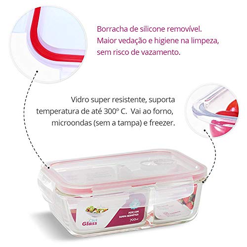 Kit 2 Potes Conjunto Marmita de Vidro Com Divisória Mantimento Hermético Tampa Click Glass 700 ml