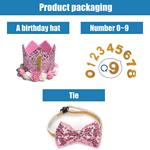 Geburtstagshut für Hunde, Katze, Hund, Geburtstagskrone, Hut und Fliege mit 0–9 Figuren, Charms, Partyzubehör für kleine, mittelgroße Welpen, Kätzchen, Blau (rosa)