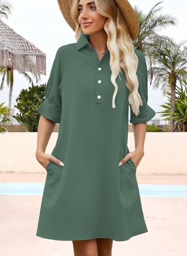 Image of Womens Summer Shirt Mini Beach Dresses | Flowy Shift Dress, Button V Neck, Polo Collar, Ruffle Short Sleeve, Floral Boho Style, Casual Vacation Outfits with Pockets