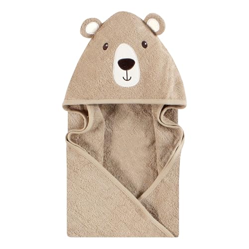 Image of Hudson Baby Unisex Baby Cotton Poly Animal Face Hooded Towel, Tan Bear, One Size