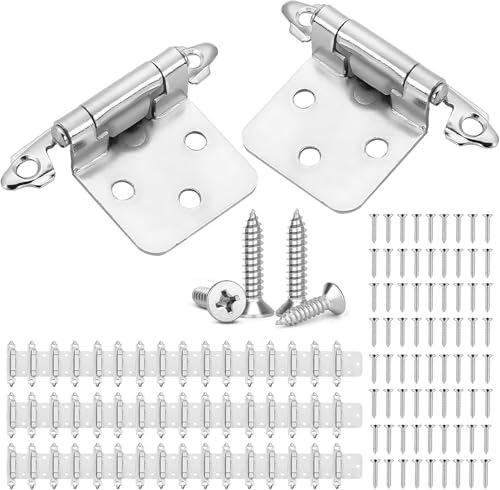 50PCS Cabinet Hinges with 250 Screws Kitchen Cabinet Door Hinges Brushed Nickel Self Closing Silver Steel Surface Mount