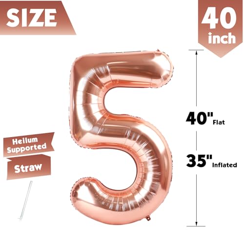 Image of 40 In Rose Gold Number 5 Balloon, 5th Birthday Party Decorations for Women | 40 Inch Rose Gold inflatable foil number balloons, large birthday decorations for 5th birthday