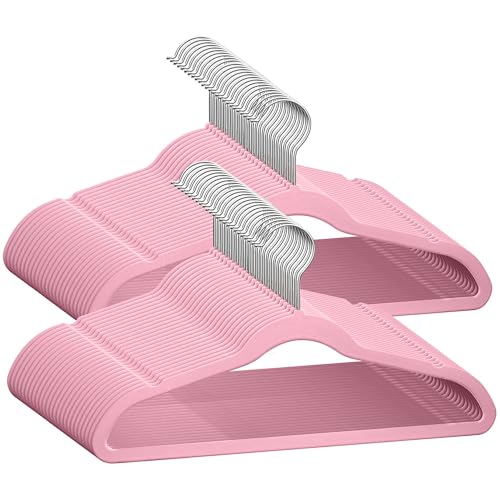 Image of TechZoo 50 Premium Baby Velvet Hangers - 11.8 Inches Non-Slip & Ultra-Slim Baby Hangers for Space-Saving & Children Clothes - 360 Swivel Hook, Strong & Durable Infant & Toddler Clothes Hanger - Pink
