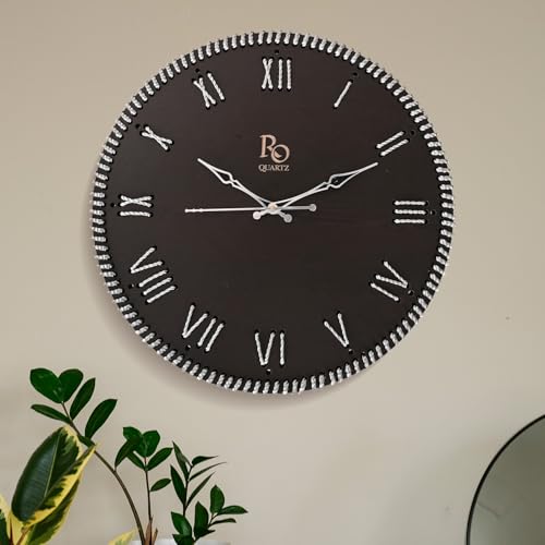 Image of Wooden Round Shape Roman Dial Wall Clock with Golden Zari Rope Detailing and Silver Hands | Silent Quartz Movement Anti Reflection Analog Vintage Clock for Home & Office (Black 15.5 Inch)