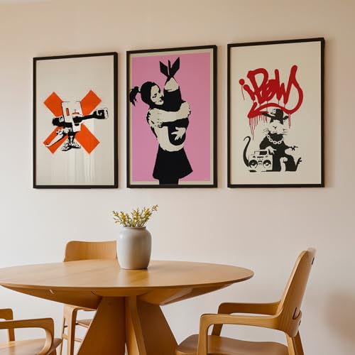Image of NoWorries Urban Street Art Framed Wall Art Set of 3, Pink Red Orange Black Graffiti Style Stencil Prints with Natural Wood Look Frames for Living Room, Bedroom, Office, Home Decor (ART-7, 17X25inch)