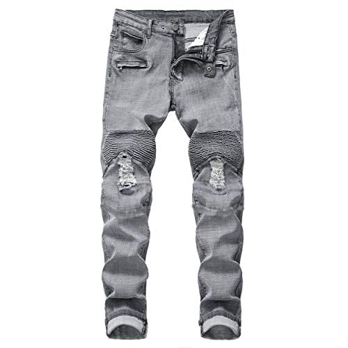 QIMYUM Men's Distressed Slim Straight Fit Biker Jeans Stretched Moto Denim Pants(W34,Gray)