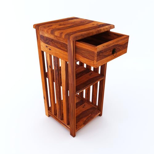 Image of Sheesham Wood Bedside Table with One Drawer and 2 Shelf Storage for Bedroom Living Room Office Solid Wood Table Furniture Nightstand, End Table, Sofa Side Table (Honey Finish)