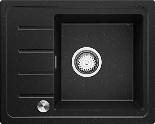 Lavabo Cuisine en Granit Noir Metallic, 55 x 44 cm, Evier 1 bac + Siphon Pop-Up, Évier à Encastrer de Primagran Cover