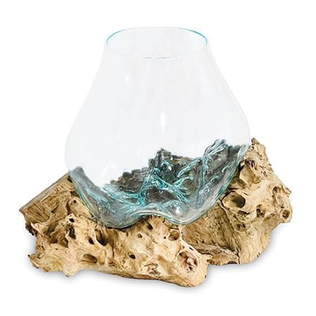 My Square MileMolten Glass Display Bowl On Wood Root Stand 14x10x11cm Glass Rustic Ornament Sculpture Key Sweet Display Dish