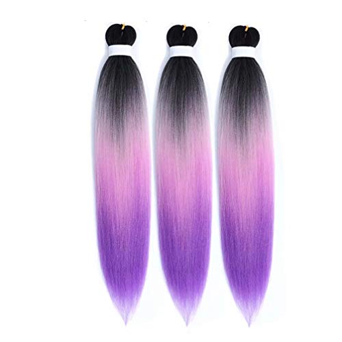 3 Packs Pre Stretched Braiding Hair 24 Inch Synthetic Fiber Corchet Setting Yaki Texture Hair Extensions Twist Braid (Black Light Pink Dark Purple)