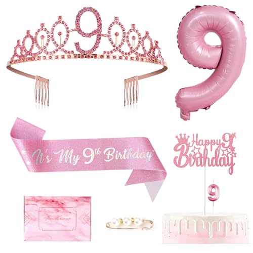 9th Pink Birthday Decorations for Girls Set, 9th Birthday Sash, Sweet Rhinestone Crown Tiara, Cake Topper, Numeral 9 Candle&Balloon,9 Year Old Gifts for Girl Party Favor Supplies