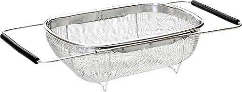 Expandable Over-the-Sink Colander Basket – 6-Quart Stainless Steel | Adjustable Handles (14”-19”), Dishwasher Safe | Drain, Rinse & Strain Fruits, Veggies, Pasta & More | Non-Slip Rubber Grips