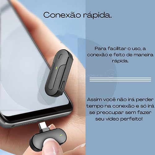 Microfone de Lapela Sem Fio com Case Carregadora, Compatível com iPhone e Android, Redução de Ruído,