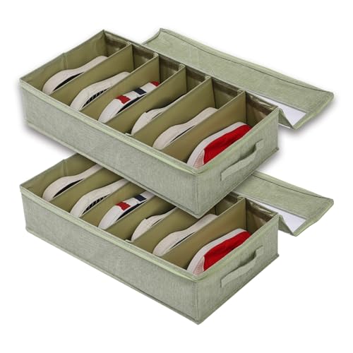 Image of LLZJDDPLY 2 Pack Under Bed Shoe Storage Organizer, Foldable Under Bed Storage Boxes, Double Zipper, Transparent Window With Lid, For Clothes, Blanket, Toys, Shoes(Green)