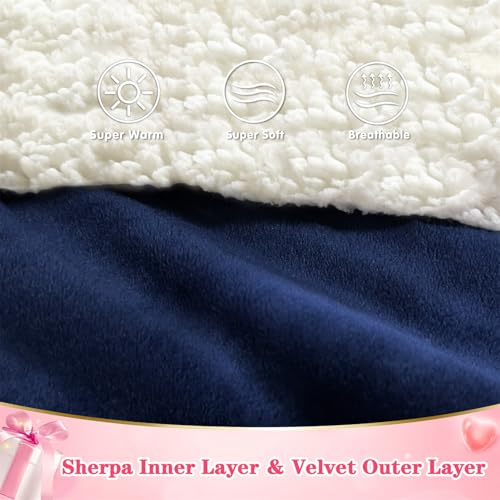 Image of Waitu Oversized Wearable Blanket Sweatshirt Gifts for Women and Men, Soft Sherpa Blanket Hoodie with Sleeves and Pocket, Warm Body Blanket Robe - Navy