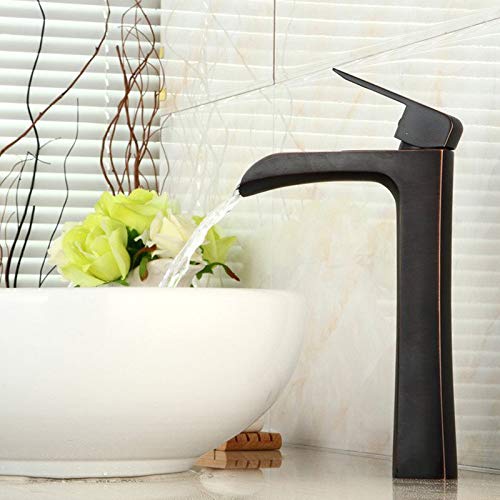 Homevacious Bathroom Vessel Sink Faucet Oil Rubbed Bronze Tall Body Waterfall Lavatory Bath Single Handle One Hole With Pop Up Drain Stopper Mixer Tap Orb Deck Mount Temporary Commercial Lead-Free #TOP2