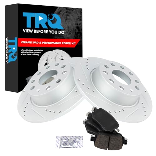 Image of TRQ Performance Rear Brake Pad and Rotor Set Ceramic Drilled Slotted G Coated Rotors Compatible with 15-21 Volkswagen Golf 17-19, Alltrack 15-19 Golf SportWagen 15-18 GTI 15-21 Passat