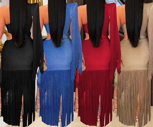 Image of Women's Sexy One Shoulder Fringe Dress Sleeveless Cut Out Bodycon Birthday Party Tassel Maxi Dresses