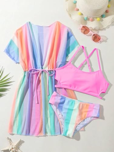 Girls Bikini Set 3 Piece - Striped Multicolored Swimsuit with Quick Dry Cover Up - Bathing Suit for Kids 6-14 Years3