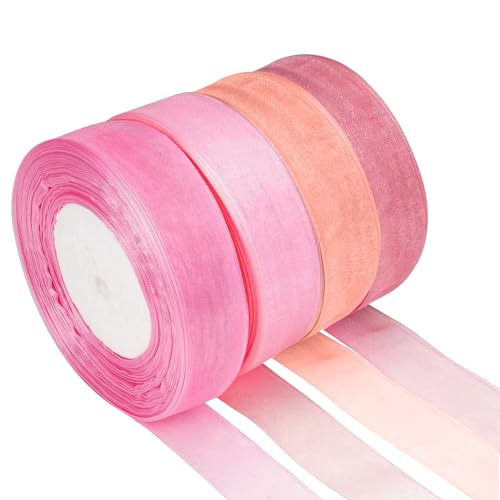 4 rollos de cinta de regalo rosa, 25 mm x 45 m, cinta de organza de satén, cinta de seda, cinta de gasa, cinta de organza estrecha, cinta decorativa, cinta de tul, cintas para manualidades para