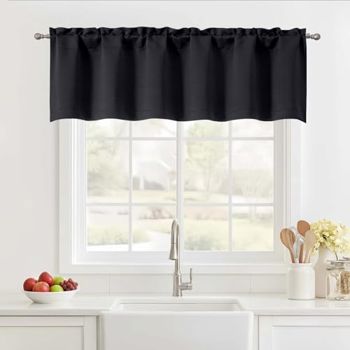 Ebesto Black Valance for Windows Small Blackout Kitchen Valance Curtain Dual Rod Pocket Thermal Insulated Short Window Curtain for Bathroom Basement 60Wx14L Inch 1 Piece