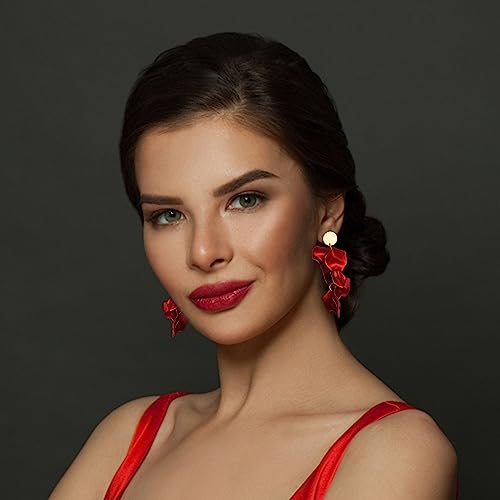 FIBO STEEL Rose Petal Dangle Clip on Earrings Acrylic Earrings Red Earrings for Women Flower White Black Hot Pink Orange Statement Earrings Boho Resin Floral4