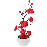Cabilock Artificial Plum Blossom Bonsai Pots, Fake Plum Blossom in Pot Faux Potted Faux Lifelike Potted Flowers Arrangement for Room Wedding Garden Patio Decor Red