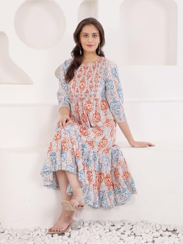 Image of SAVI Women's Cotton Printed Fit & Flare Midi Dress | Floral Ethnic Print | 3 /4 Sleeves | Round Neck | Tiered A-Line Casual Summer Dress