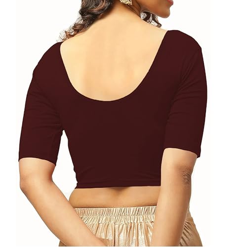 Image of THE BLAZZE 1303 Women's Cotton Scoop Neck Backless Elbow Sleeve Crop Top Readymade Saree Blouse for Women's