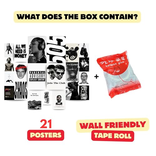 Image of Yellow Town India Hip Hop Flo Wall Collage Kit | 21 Rap & Hip-Hop Posters + Wall Friendly Adhesive | Black & White Rap Culture Aesthetic Prints for Men's Bedroom, Dorm & Studio