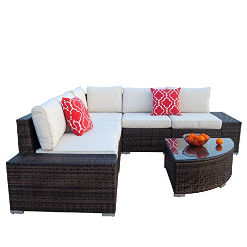 Polar Aurora 6Pcs Patio Furniture Set Pe Brown Rattan Wicker Sectional Outdoor Sofa Set Outside Couch W/Washable Seat Cushions & Modern Glass Wedge Table For Patio, Backyard, Pool-Beige #TOP7