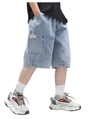 Verdusa Boys Jorts Elastic Waist Wide Leg Casual Loose Denim Shorts with Pockets Light Blue 11 Years