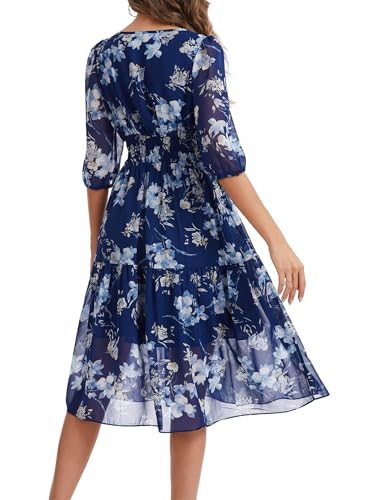 Image of Kormei Women Casual Boho Floral Round Neck 3 /4 Sleeve Smocked Waist Tiered A Line Flowy Swing Midi Dress Long Dresses