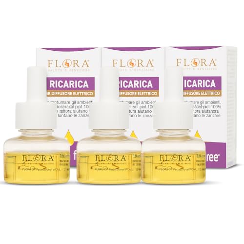 FLORA Ricarica Diffusore Zeta Free 25 ml Pack da 3 – Sinergia di Oli Essenziali Naturali (Citronella, Geranio, Lavanda, Neem, Menta) • Profumo Fresco Poco Gradito agli Insetti • Fino a 30 Notti