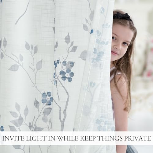 Image of Beauoop Floral Linen Semi Sheer Curtains Living Room Blue Grey 50x54 2 Set
