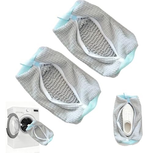 2-Pack Extra Large Shoe Washing Machine Bag - Premium Chenille Microfiber Sneaker Laundry Bag with Auto-Lock Zipper - 360 Scrubbing & Noise Reducing Protection for Trainers Running Shoes (Gray)