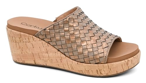 Corkys Footwear Women's Wine And Dine 2.5-Inch Wedge Sandal - With A Woven Upper, Cork Platform, Slip-On Design, and Corkys Soft EVA Insoles For All Day Wear - Washed Bronze Metallic - Size 7