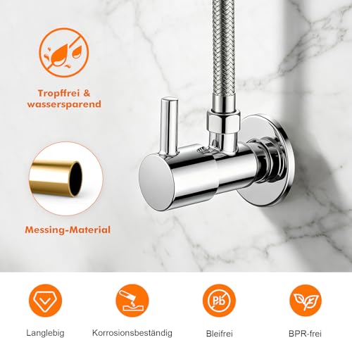 Ibergrif Eckventil 1/2 Zoll Wandanschluss 3/8 Zoll Schlauchanschluss – Eckregulierventil für Waschbecken, Kalt- & Warmwasser, Trinkwasser geeignet, Anti-Tropf Absperrventil Chrom