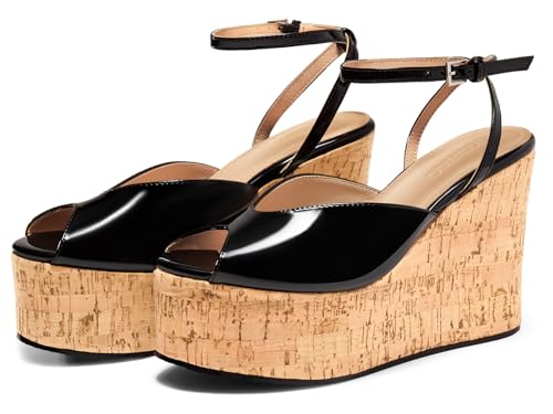 Coutgo Womens Platform Wedge Sandals Cork Dressy Peep Toe Ankle Buckle Strap High Heels Summer Shoes