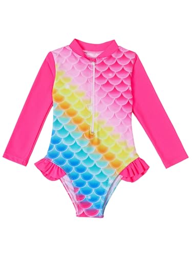 Kids Girls Hot Spring Beach Swimsuit Long Sleeve Bikini Scale Printed Sun Protection Bathing Suit